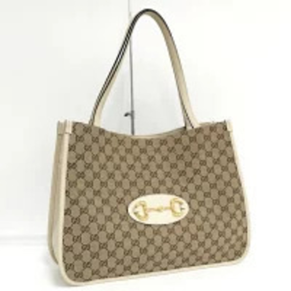 Gucci Tote Bag GG Canvas Leather Beige Cream Brown White
